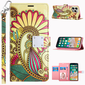 Apple iPhone 15 Pro (6.1) Design Wallet Magnetic Closure (with Lanyard) - Antique Flower