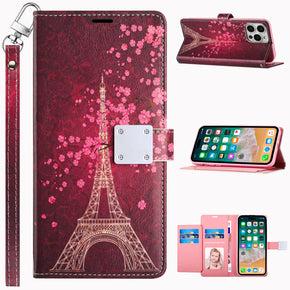 Apple iPhone 15 Plus (6.7) Design Wallet Magnetic Closure (with Lanyard) - Floral Eiffel Tower