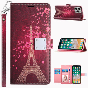 Samsung Galaxy S24 Design Wallet Magnetic Closure (with Lanyard) - Floral Eiffel Tower