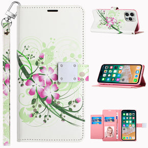 Apple iPhone 15 (6.1) Design Wallet Magnetic Closure (with Lanyard) - Green Floral
