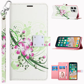 Apple iPhone 15 Plus (6.7) Design Wallet Magnetic Closure (with Lanyard) - Green Floral