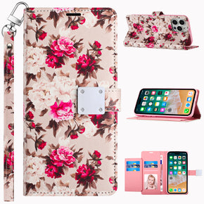 Apple iPhone 15 Pro Max (6.7) Design Wallet Magnetic Closure (with Lanyard) - Romantic Pink White Roses Floral