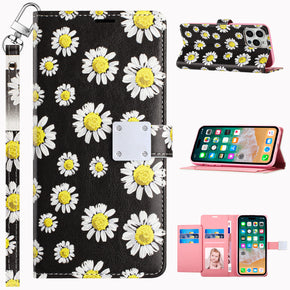 Apple iPhone 15 (6.1) Design Wallet Magnetic Closure (with Lanyard) - White Daisy Blossom Floral