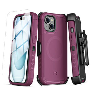 Apple iPhone 15 (6.1) Antimicrobial Magsafe Maverick Series Holster Combo Case with Tempered Glass - Plum/Black