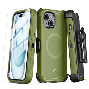 Apple iPhone 15 (6.1) Antimicrobial Magsafe Maverick Series Holster Combo Case with Tempered Glass - Army Green/Black