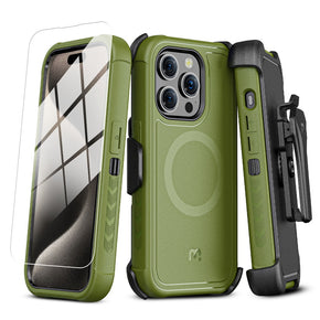 Apple iPhone 15 Pro (6.1) Antimicrobial Magsafe Maverick Series Holster Combo Case with Tempered Glass - Army Green/Black