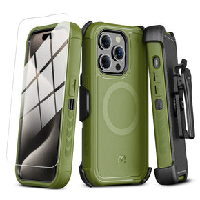 Apple iPhone 16 Pro (6.3) Antimicrobial Magsafe Maverick Series Holster Combo Case with Tempered Glass - Army Green/Black