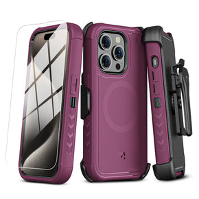 Apple iPhone 15 Pro Max (6.7) Antimicrobial Magsafe Maverick Series Holster Combo Case with Tempered Glass - Plum/Black