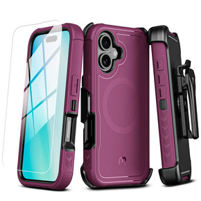 Apple iPhone 16 (6.1) Antimicrobial Magsafe Maverick Series Holster Combo Case with Tempered Glass - Plum/Black