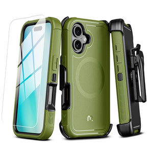 Apple iPhone 16 (6.1) Antimicrobial Magsafe Maverick Series Holster Combo Case with Tempered Glass - Army Green/Black