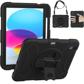 Apple iPad 10.9 (2022) 3-in-1 Tough Hybrid Tablet Case w/ Kickstand, Hand and Shoulder Strap - Black
