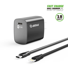 EC35P-CL-BK: 18W PD Fast Charger Wall & 5FT C To 8Pin Cable For IPhone