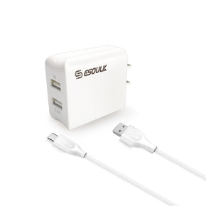 EC44P-TPC-WH: 12W 2.4A Dual USB Travel Wall Charger With 5FT Type-C Charging Cable