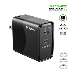 Esoulk 65W Dual Type C + USB Fast Wall Charger - Black