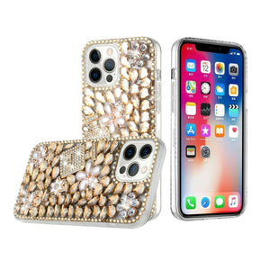 Apple iPhone 15 (6.1) Full Diamond Ornaments Case (Pearl Flowers with Perfume) - Gold