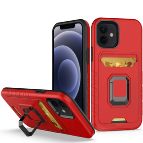Apple iPhone 11 Pro Max (6.5) Brushed Metal Hybrid Case (w/ Card Holder and Magnetic Ring Stand) - Red