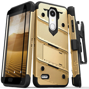 LG Harmony 2 / K30 (2018) BOLT Series Combo Case [with Built-in Kickstand, Holster and Tempered Glass] - Gold / Black