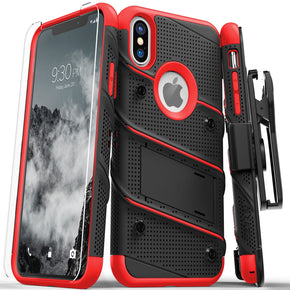 Apple iPhone XS Max Bolt Series Combo Case (with Kickstand, Holster, and Tempered Glass) - Black / Red