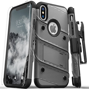 Apple iPhone XS Max Bolt Series Combo Case (with Kickstand, Holster, and Tempered Glass) - Grey / Black