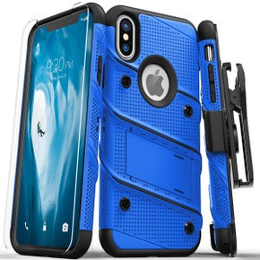 Apple iPhone XS Max Bolt Series Combo Case (with Kickstand, Holster, and Tempered Glass) - Blue / Black