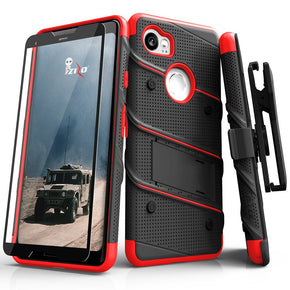 Google Pixel 3 XL BOLT Series Combo Case [with Built-in Kickstand, Holster, and Tempered Glass] - Black / Red