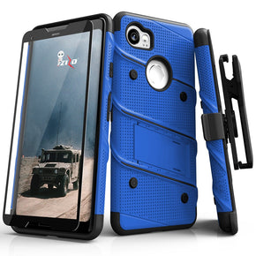 Google Pixel 3 BOLT Series Combo Case [with Built-in Kickstand, Holster, and Tempered Glass] - Blue / Black