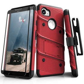 Google Pixel 3 BOLT Series Combo Case [with Built-in Kickstand, Holster, and Tempered Glass] - Red / Black