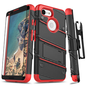 Google Pixel 3 BOLT Series Combo Case [with Built-in Kickstand, Holster, and Tempered Glass] - Black / Red