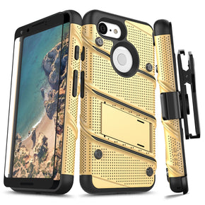 Google Pixel 3 BOLT Series Combo Case [with Built-in Kickstand, Holster, and Tempered Glass] - Gold / Black