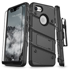Google Pixel 3 XL BOLT Series Combo Case [with Built-in Kickstand, Holster, and Tempered Glass] - Black / Black