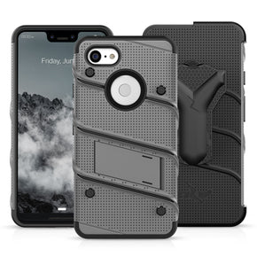 Google Pixel 3 XL BOLT Series Combo Case [with Built-in Kickstand, Holster, and Tempered Glass] - Grey / Black