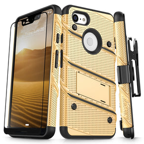 Google Pixel 3 XL BOLT Series Combo Case [with Built-in Kickstand, Holster, and Tempered Glass] - Gold / Black