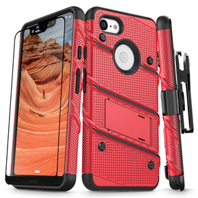 Google Pixel 3 XL BOLT Series Combo Case [with Built-in Kickstand, Holster, and Tempered Glass] - Red / Black