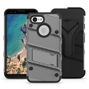 Google Pixel 3 BOLT Series Combo Case [with Built-in Kickstand, Holster, and Tempered Glass] - Grey / Black