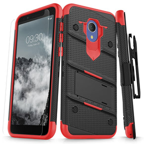 Alcatel 1X Evolve / Ideal Xtra BOLT Cover w/ Kickstand Holster, Full Glue Glass Screen Protector, Lanyard - Black / Red