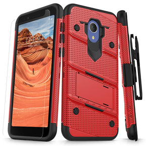 Alcatel 1X Evolve / Ideal Xtra BOLT Cover w/ Kickstand Holster, Full Glue Glass Screen Protector, Lanyard - Red / Black