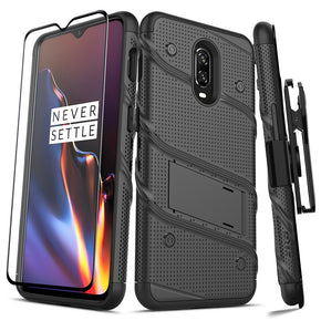 OnePlus 6T BOLT Series Combo Case [with Built-in Kickstand, Holster, and Tempered Glass] - Black / Black