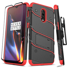 OnePlus 6T BOLT Series Combo Case [with Built-in Kickstand, Holster, and Tempered Glass] - Black / Red