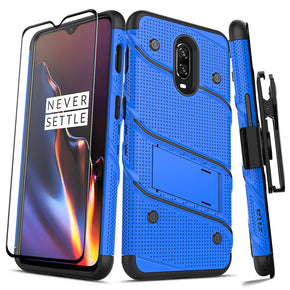 OnePlus 6T BOLT Series Combo Case [with Built-in Kickstand, Holster, and Tempered Glass] - Blue / Black