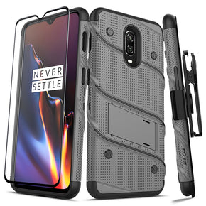 OnePlus 6T BOLT Series Combo Case [with Built-in Kickstand, Holster, and Tempered Glass] - Grey / Black