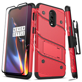 OnePlus 6T BOLT Series Combo Case [with Built-in Kickstand, Holster, and Tempered Glass] - Red / Black