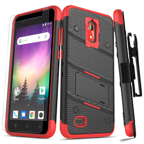 Coolpad Illumina BOLT Case w/ Built In Kickstand Holster and Full Glass Screen Protector - Black / Red