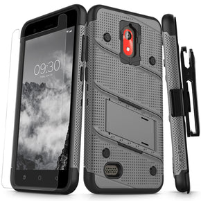 Coolpad Illumina BOLT Case w/ Built In Kickstand Holster and Full Glass Screen Protector - Metal Grey / Black