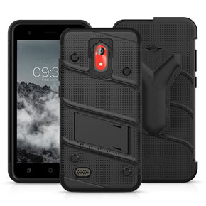 Coolpad Illumina BOLT Case w/ Built In Kickstand Holster and Full Glass Screen Protector - Black / Black