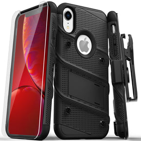 Apple iPhone XR Bolt Series Combo Case (with Kickstand, Holster, and Tempered Glass) - Black / Black