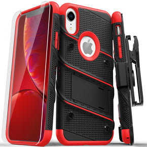 Apple iPhone XR Bolt Series Combo Case (with Kickstand, Holster, and Tempered Glass) - Black / Red