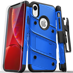 Apple iPhone XR Bolt Series Combo Case (with Kickstand, Holster, and Tempered Glass) - Blue / Black
