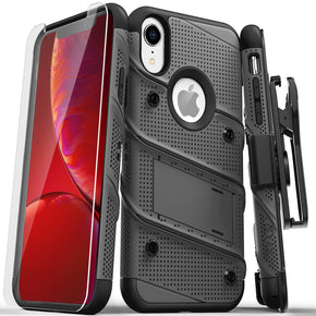 Apple iPhone XR Bolt Series Combo Case (with Kickstand, Holster, and Tempered Glass) - Grey / Black