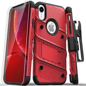 Apple iPhone XR Bolt Series Combo Case (with Kickstand, Holster, and Tempered Glass) - Red / Black