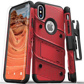 Apple iPhone XS Max Bolt Series Combo Case (with Kickstand, Holster, and Tempered Glass) - Red / Black